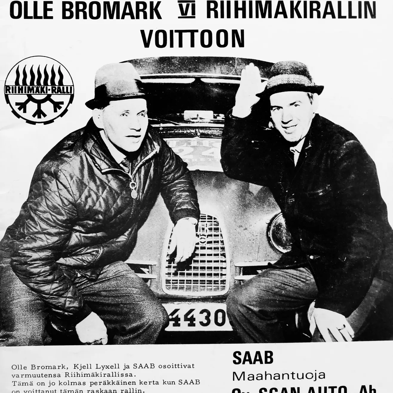 Saabin ruotsalainen tehdaskuljettaja Olle Bromark (oikealla) oli paitsi riihimäkeläisen lasitaiteen ystävä niin myös Riihimäki–rallin ensimmäinen (1965) ulkomaalainen voittaja. Kuva: Timo Maukosen arkisto.